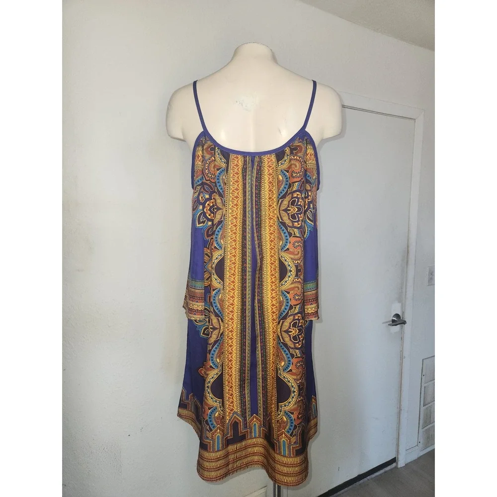 Boho Cold Shoulder Mini Dress Blue Orange Paisley Tribal Bell Sleeve Summer - Picture 4 of 7